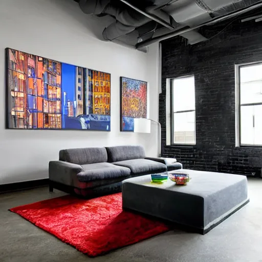 Image similar to trendy downtown loft with modern murals on the wall, modern wall art and patterns, professional photographed interior design, beautiful architecture