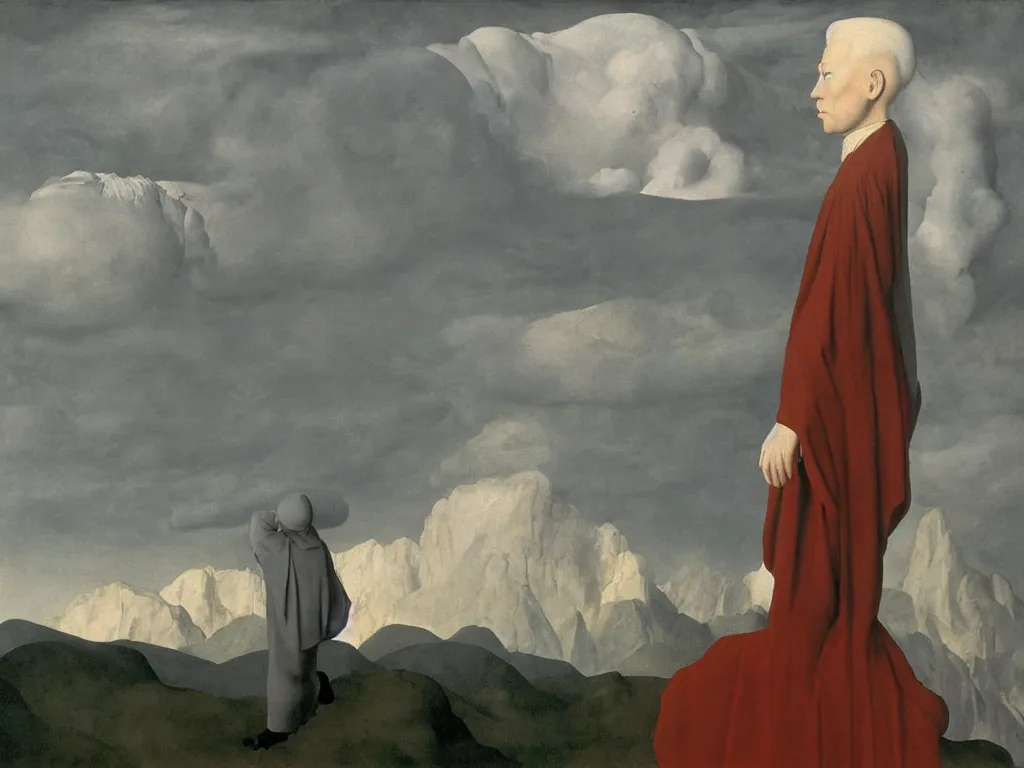 Image similar to albino mystic, with his back turned, looking at a storm over over the mountains in the distance. Painting by Jan van Eyck, Audubon, Rene Magritte, Agnes Pelton, Max Ernst, Walton Ford