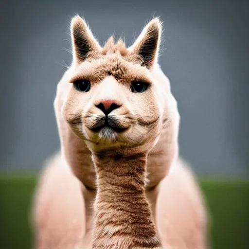 Image similar to a cat - alpaca - hybrid with a beak, animal photography