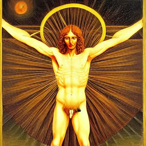 Prompt: occult vitruvian man. oil on canvas. ars goetia. by heade and the dark crystal.