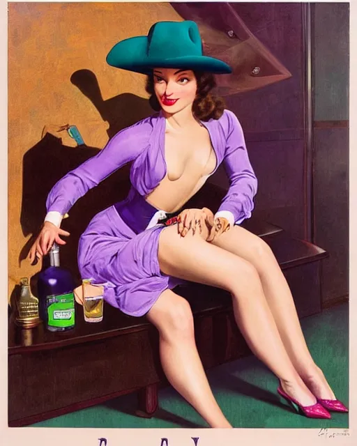 Image similar to Ril Mayer wearing purple green snakeskin cowhide motif and oversized cowboy hat promotes bottled bull run stimulant tonic SNAKE OIL, art by gil Elvgren and Ilya kuvshinov