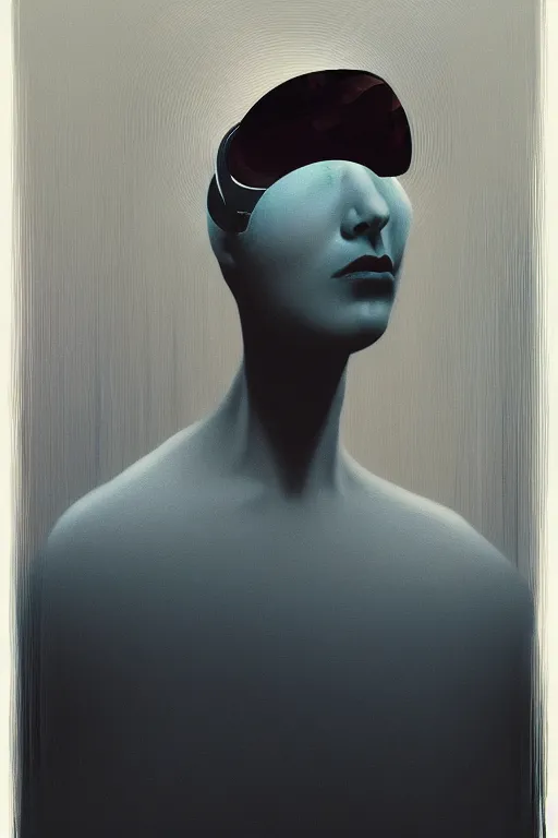 Image similar to woman wearing Oculus and digital glitch head Edward Hopper and James Gilleard, Zdzislaw Beksisnski, higly detailed