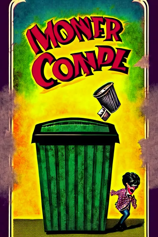 Image similar to vintage goosebumps cover art style illustration of a monster coming out of a garbage can.