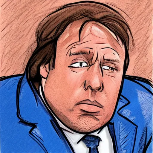 Image similar to Alex jones crying in the dock in court. illustration concept art in the style of Arthur Adams