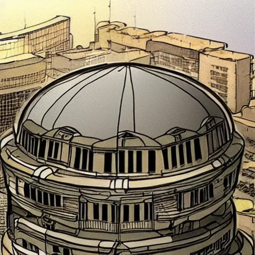 Prompt: a dome shaped building that looks like a cat, by satoshi kon