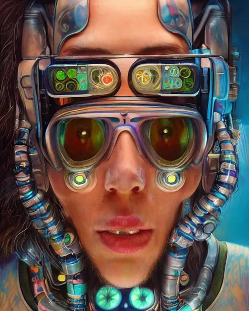 Image similar to a futuristic hippie wearing tie - dye and cybernetic - implants | cyberpunk art | highly detailed | very intricate | symmetrical | cinematic lighting | award - winning | closeup portrait | painted by donato giancola and mandy jurgens and rossdraws and rhads | featured on artstation