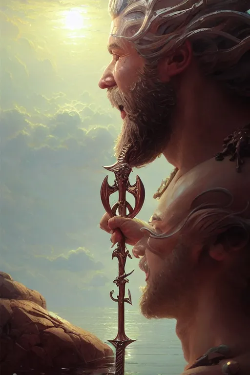 Image similar to highly detailed close up portrait of god poseidon holding trident, stephen bliss, unreal engine, fantasy art by greg rutkowski, rhads, ferdinand knab, makoto shinkai and lois van baarle, ilya kuvshinov, rossdraws, tom bagshaw, global illumination, radiant light, detailed and intricate environment