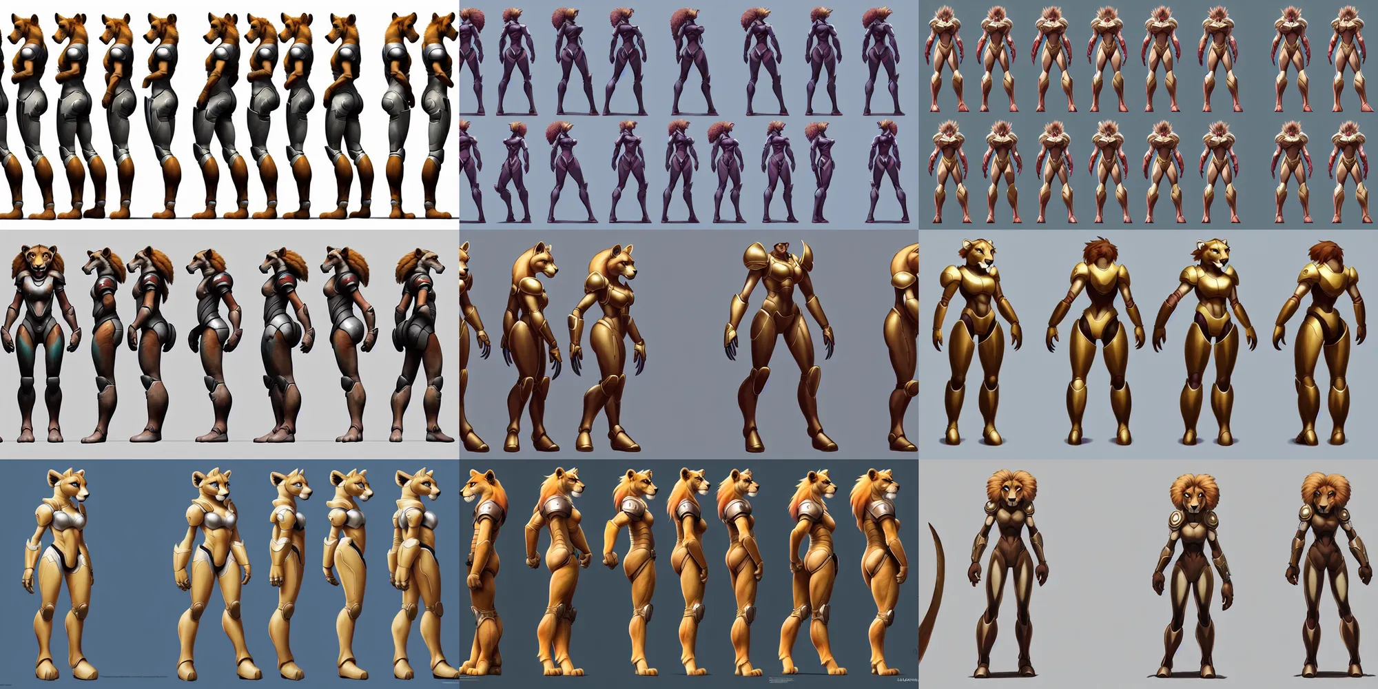 Prompt: beautiful full body character reference sheet with front, back and side profiles of a strong female anthropomorphic lioness fursona wearing halo spartna armor. character design by disney, anime, manga, charlie bowater, ross tran, artgerm, and makoto shinkai, detailed, soft lighting, rendered in octane