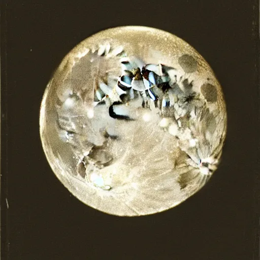 Prompt: close-up daguerrotype of the full moon taken in 1836, grainy, 8k resolution