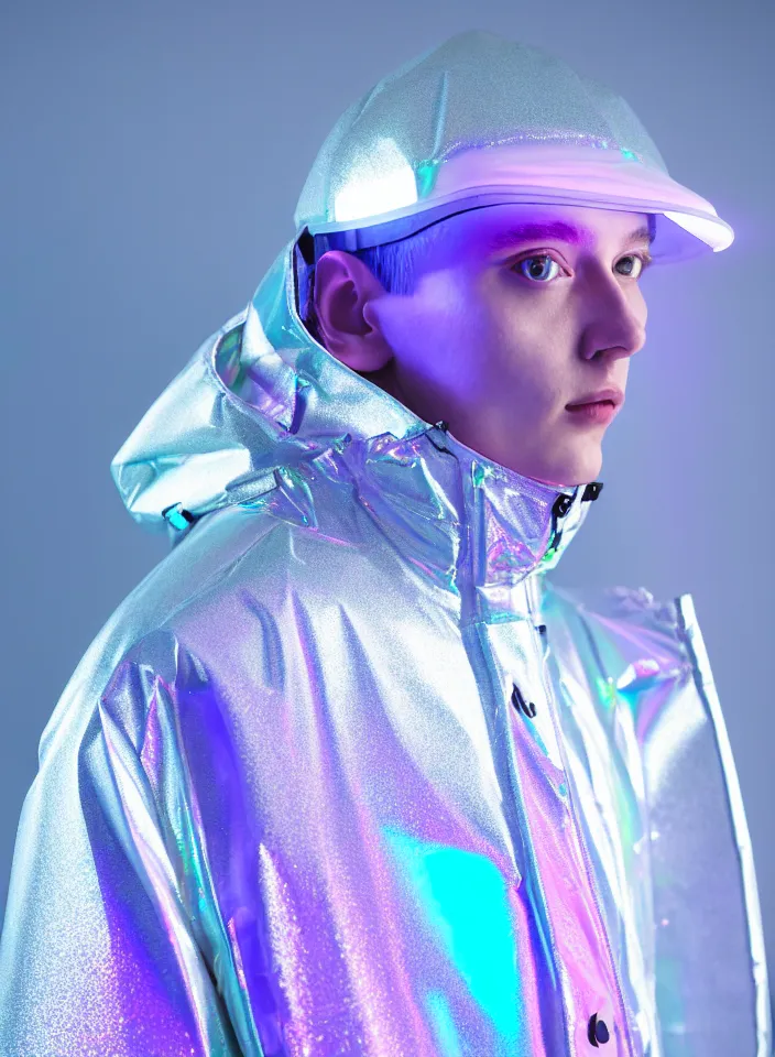Prompt: an ultra high definition professional studio quality portrait photograph of a silver skinned android influencer wearing a transparent iridescent pastel coloured visor and matching wavey raincoat on white hook in a sheer icelandic black rock environment. three point light. dramatic lighting. volumetric shadows. light rays