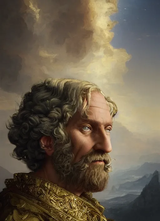 Image similar to wisened philosopher king (an absolute monarch of his wealthy european kingdom) resides on his trone, his gaze transfixed on the horizon of the infinite timespan, highly detailed DnD portrait by Raffaello Ossola and Ross Tran and Greg Rutkowski, stunning detail, 8k, 4k