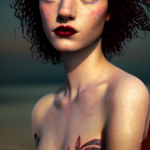 Image similar to photographic portrait of a stunningly beautiful renaissance female in soft dreamy light at sunset, dark lipstick, tribal tattoos, contemporary fashion shoot, by edward robert hughes, annie leibovitz and steve mccurry, david lazar, jimmy nelsson, breathtaking, 8 k resolution, extremely detailed, beautiful, establishing shot, artistic, hyperrealistic, beautiful face, octane render