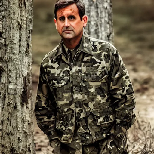 Image similar to steve carrel wearing military outfit and camouflage cinematic photoshoot high quality highly affordable photo realistic 8 k hd