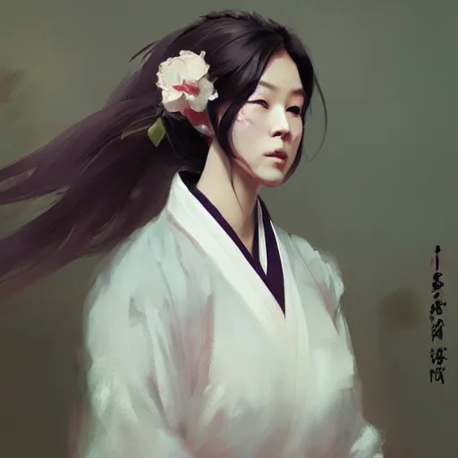 Image similar to oil painting girl wearing hanfu, herb rose, by greg rutkowski, artstation