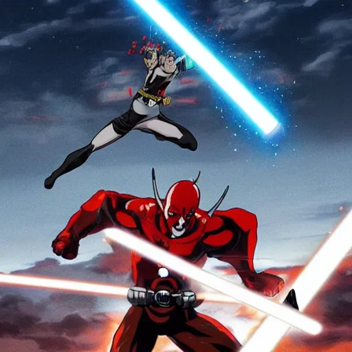 Prompt: One punch man fighting Darth Maul on top of mount Olympus while all the Greek Gods watch in the background