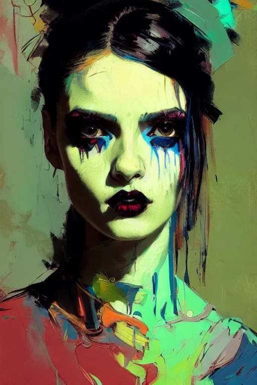 Prompt: portrait of a beautiful goth girl, complementary colors, beautiful face, rule of thirds, intricate outfit, spotlight, by greg rutkowski, by jeremy mann, by francoise nielly, by van gogh, digital painting