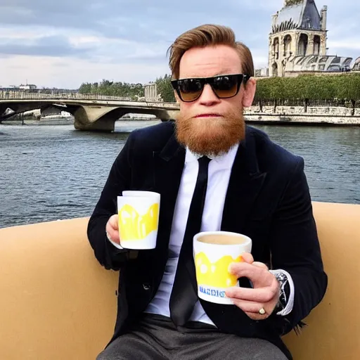 Image similar to mcgregor is dressed as a gentleman at early 2 0 th century paris. he is having a coffee at the banks of river seine. ewan mcgregor has a coffee cup on his hand. next to him is a small brown cat with yellow glowing eyes. blueish tint