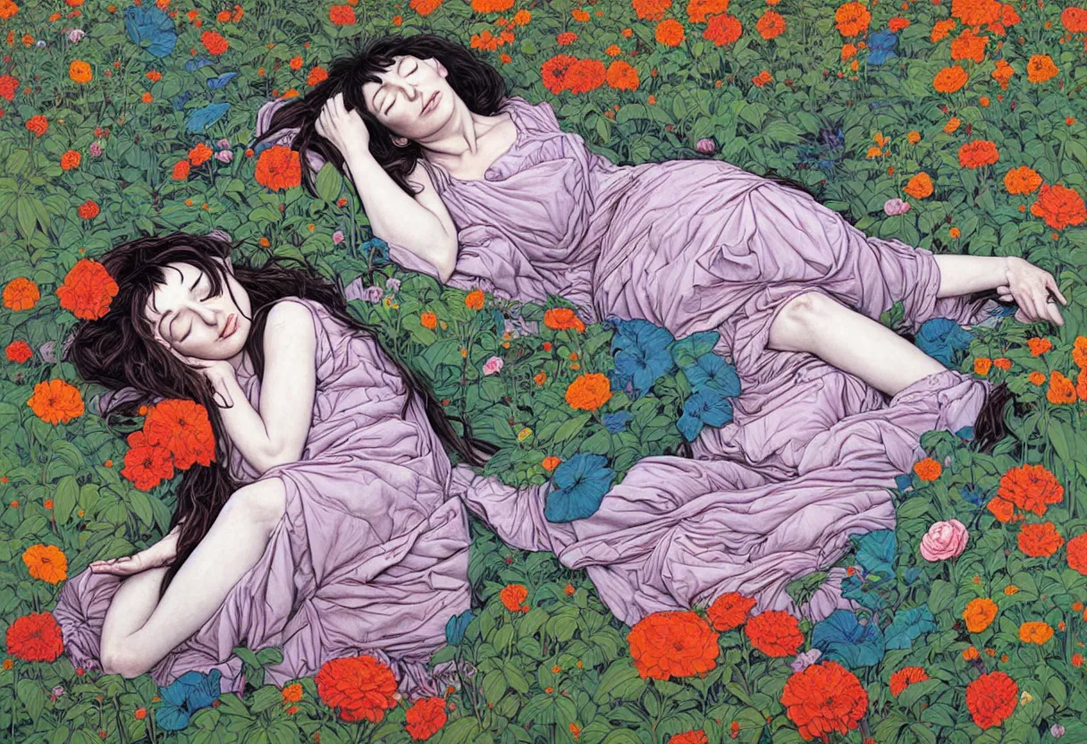 Image similar to portrait of kate bush sleeping in a garden by james jean