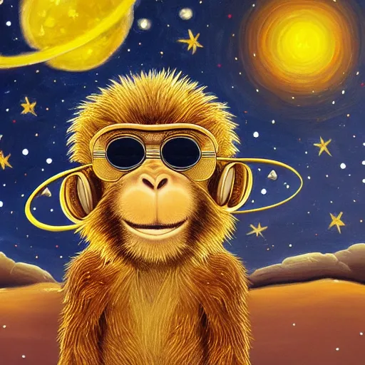 Image similar to a very detailed, 4 k painting of a monkey wearing golden headphones with shades looking up at the night sky filled with stars and galaxies