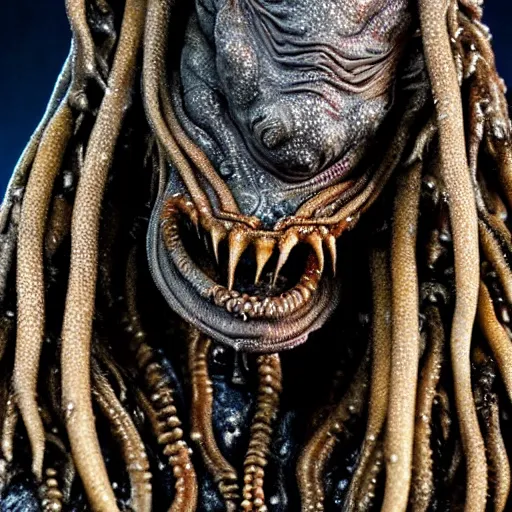 Image similar to photo taken of an epic intricate, ultra detailed, super realistic gritty, wet, slimy, lifelike sculpture of a nightmarish hellish alien creature with tentacle dreadlocks created by weta workshop for james cameron, zoomed in shots, photorealistic, sharp focus, white wall coloured workshop, cold blueish colour temperature, f 0. 4