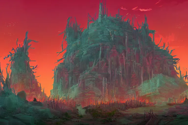 Prompt: cult ritualist citadel deep within the pits of hell. 4 k digital paint by studio ghibli hayao miyazaki. vivid colours, vaporwave lighting style, very sharp and detailed. trending on artstation and behance.