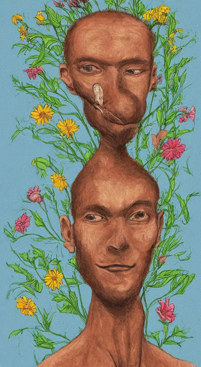 Prompt: a portrait of an ant faced man rounded by flowers, by well renowned world artist