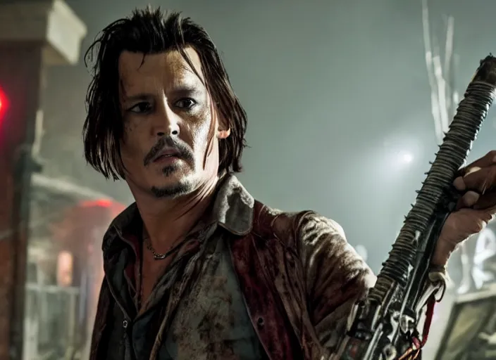 Image similar to Johnny Depp playing Ash Williams in Ash vs Evil Dead, film still, 4k