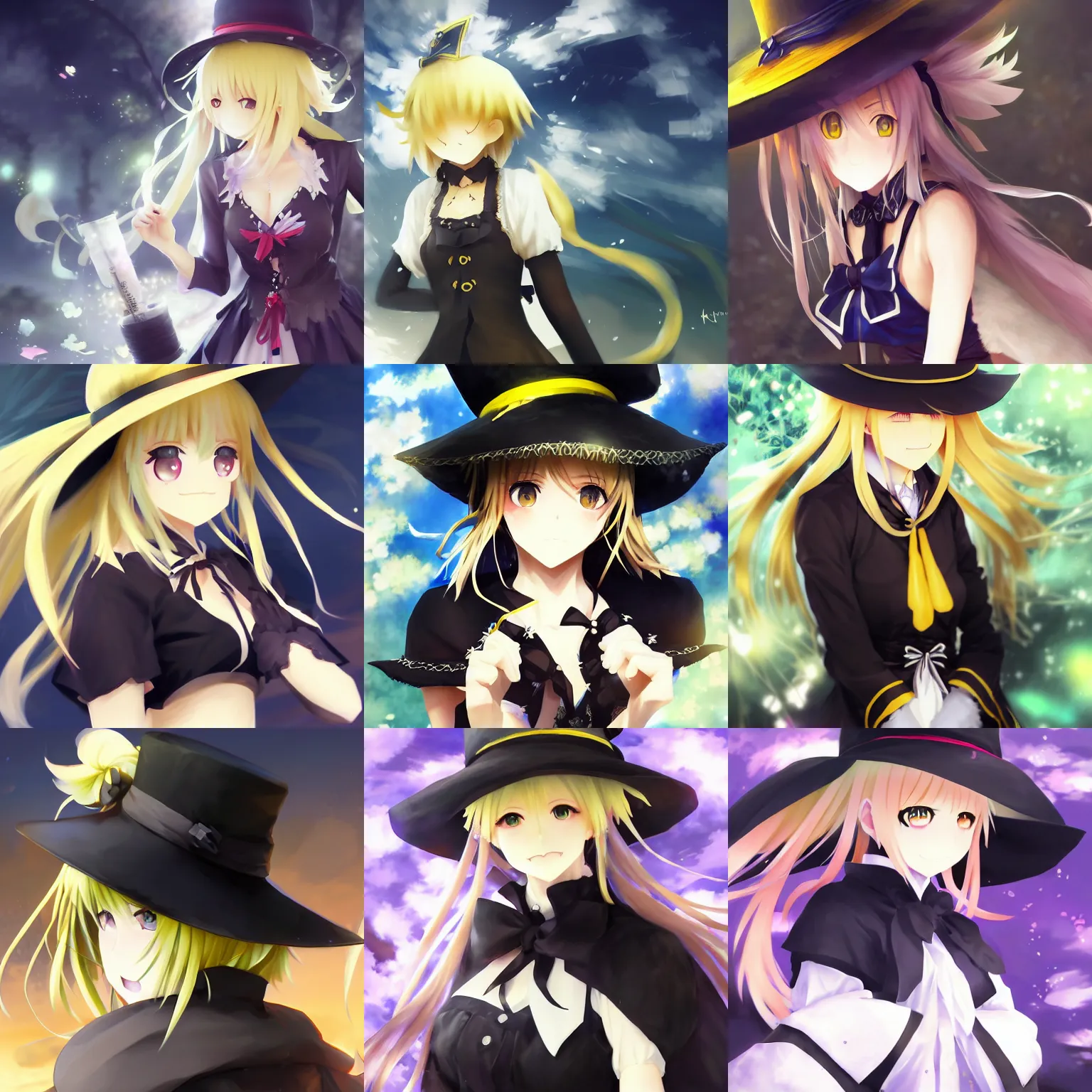 Prompt: pixiv artwork of marisa kirisame from touhou project, marisa kirisame touhou artwork by greg rutkowski key art kyoto animation 4 k 8 k ultrahd trending finely detailed award winning black hat br oom blonde hair yellow eyes