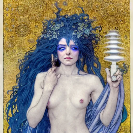 Image similar to half - length portrait of a female lightning genasi with blue skin and white hair made of sirrus clouds, wearing billowing white robes, holding a bolt of lighting, medieval, fantasy, d & d, luis royo, klimt, alphonse mucha