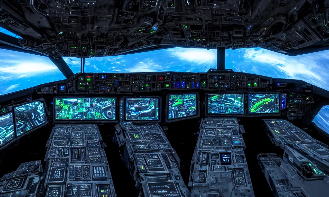 Prompt: the cockpit interior of an alien spacecraft, lot of details, monitors, displays, holographic, advanced electronics, from scifi movie by weta digital and digital domain