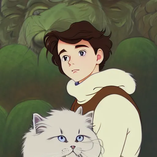 Image similar to teen boy with brown hair and big blue eyes, wearing a hoodie, fluffy white persian cat, natural lighting, path traced, highly detailed, high quality, cartoon, digital painting, by don bluth and ross tran and studio ghibli and alphonse mucha