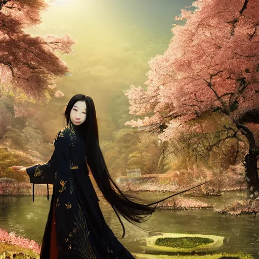 Image similar to a pretty chinese prince, long black hair, elegant, intricate backlit, incredible lighting, strong rim light, subsurface scattering, epic beautiful landscape, cherry trees, highly detailed, god rays, digital painting, by Heise Jinyao, Heise-Lian Yan Fang, Feimo, Rossdraws, HDRI, vivid colors, high contrast, 8k resolution, photorealistic