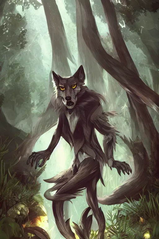 Prompt: a medevial anthropomorphic wolf with a big tail in a forest, trending on artstation, detailed, anime, warm lighting, backlighting, by kawacy, trending on furaffinity, furry art, fantasy art, assassins creed, cgi