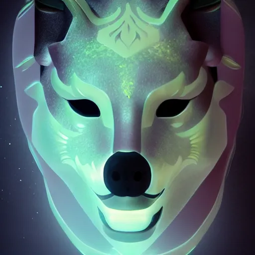 Image similar to a translucent complete holographic kitsune mask, intricate unreal engine 5 creation, movie still