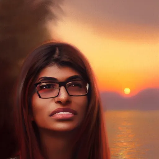 Image similar to a closeup portrait of a mia khalifa, dramatic light, lake background, sunset, dark, painted by stanley lau, painted by greg rutkowski, painted by stanley artgerm, digital art, trending on artstation