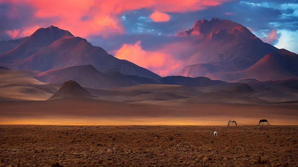 Prompt: amazing landscape photo of the Namib landscape with mountains in the distance and an Oryx standing in the foreground by marc adamus, beautiful dramatic lighting
