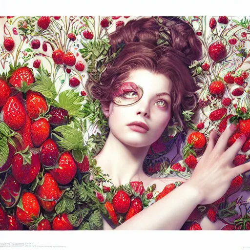 Image similar to the portrait of an absurdly beautiful, graceful, elegant, sophisticated, chaste woman made of strawberries and green petals looking up, an ultrafine hyperdetailed illustration by kim jung gi, irakli nadar, intricate linework, bright colors, octopath traveler, final fantasy, unreal engine 5 highly rendered, global illumination, radiant light, detailed and intricate environment