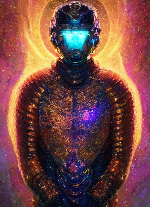 Image similar to masterpiece portrait of a cosmic man wearin glowwave armor, au naturel, hyper detailed, digital art, trending in artstation, cinematic lighting, studio quality, smooth render, unreal engine 5 rendered, octane rendered, art style by klimt and nixeu and ian sprigger and wlop and krenz cushart