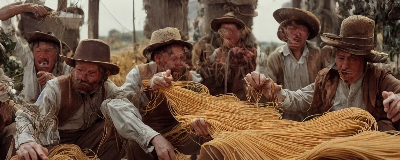 Image similar to harvesting spaghetti during the gold rush, hyper - realistic faces, intricate, sigma 5 0 mm, cinematic lighting, photography, wes anderson, film, kodachrome