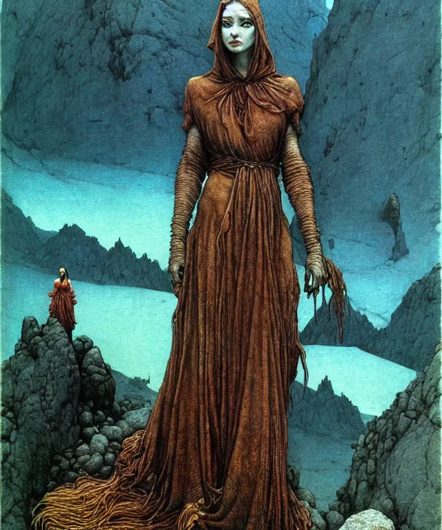 Image similar to A detailed semifish-semiwoman stands among the mountains with a pebble in hand. Wearing a ripped mantle, robe. Extremely high details, realistic, fantasy art, solo, masterpiece, art by Zdzisław Beksiński, Arthur Rackham, Dariusz Zawadzki