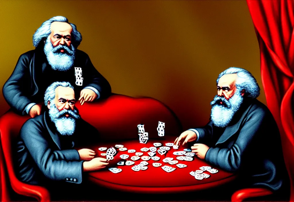 Prompt: Karl Marx playing poker against Lenine in Las Vegas, ultra HD, studio light, photorealism