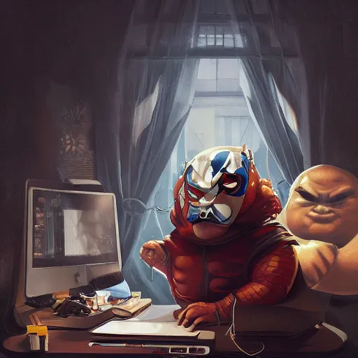 Image similar to a insanely detailed painting of a chubby masked asian man wearing a superhero costume sitting at a desk, staring at the nervously at the computer typing, in the style of peter mohrbacher, dramatic lighting and composition, trending on artstation, concept art, comic book