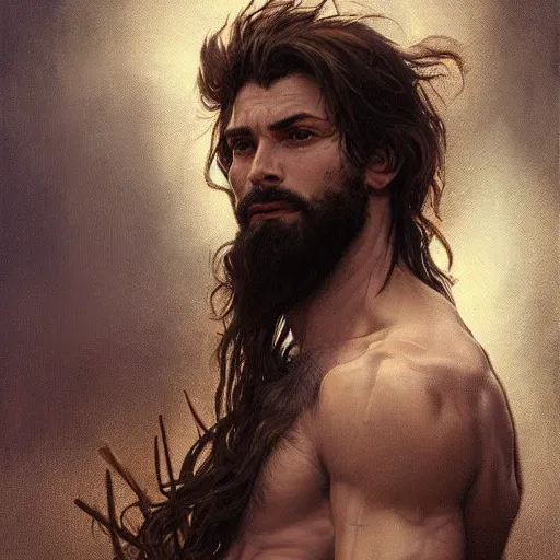 Image similar to portrait of the god of the meadow, 30 years old, rugged, male, gorgeous, detailed face, amazing, hairy torso, muscular, intricate, highly detailed, digital painting, artstation, concept art, sharp focus, illustration, art by greg rutkowski and alphonse mucha