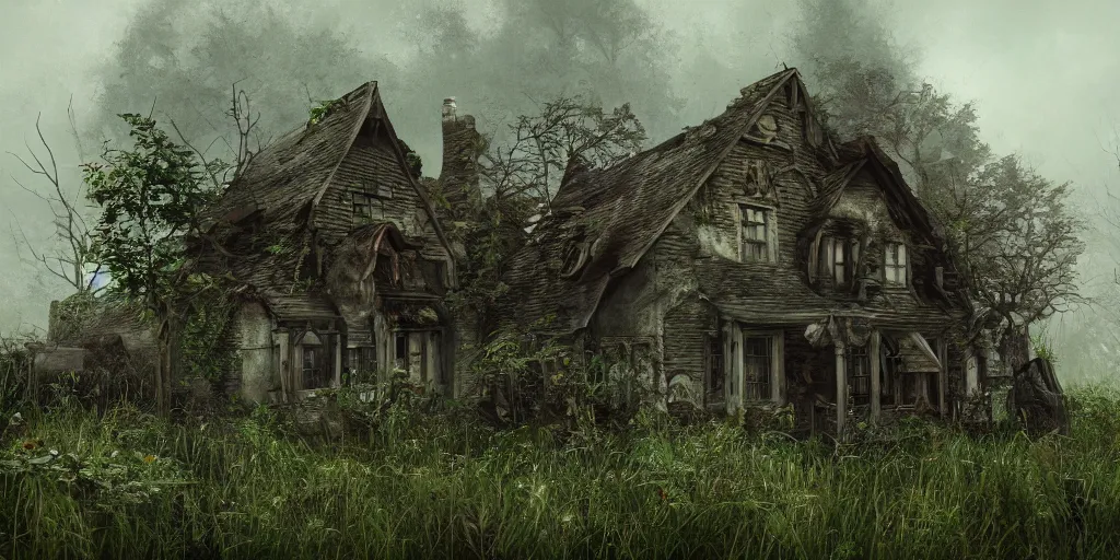 Prompt: photorealistic ruined cottage, overgrown vegetation, apocalypse, shadowy creatures, hyperrealistic, grimdark, artstation