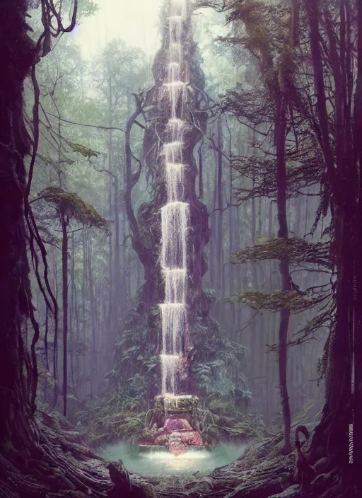 Image similar to a hyper realistic architectural witch shrine under a waterfall in the woods, gorgeous lighting, lush forest foliage, painting by chiara bautista and tom bagshaw, muca beksinski and norman rockwell and greg rutkowski weta studio, and lucasfilm