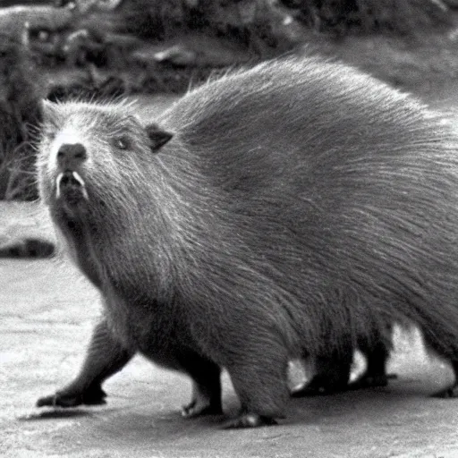 Image similar to Scared Karl Marx running away in panic from Capybara, photo, 1960