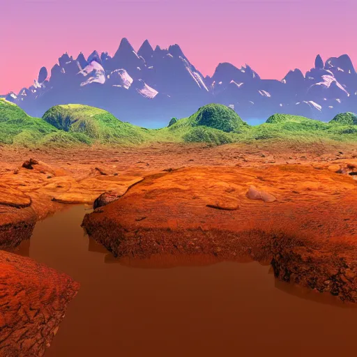 Image similar to photo of life on mars, thriving ecosystem, bright fauna, volumetric light, ponds, mountains, high detail, mountains, geoformations, sunlight