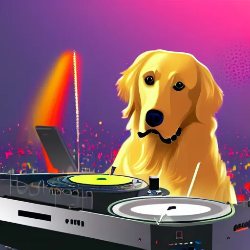 Prompt: a DJ Golden Retriever playing at a nightclub, digital art