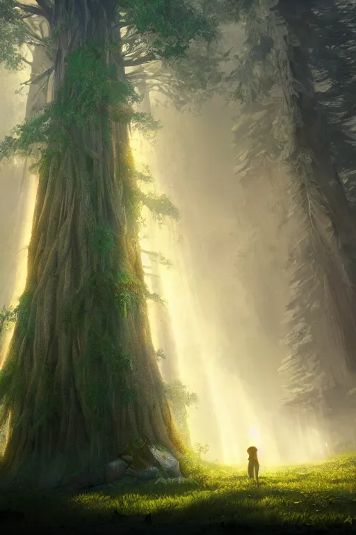 Image similar to a fairy huge sequoia, rays of light, atmospheric, matte-painting, trending on artstation