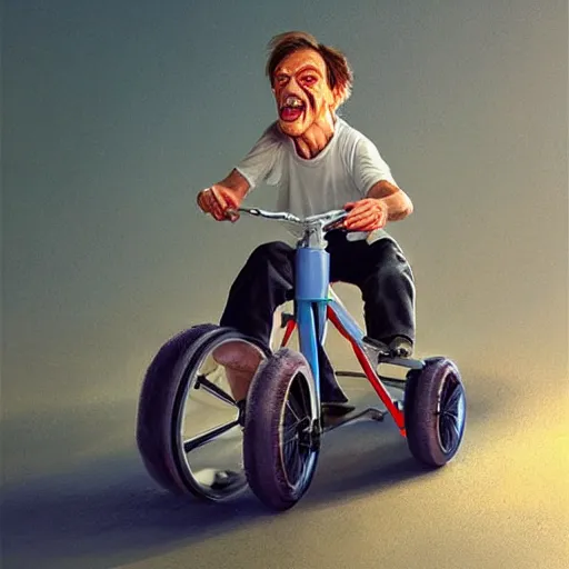 Prompt: hyper realistic absurd, silly, making faces, steve buscemi riding a tiny tricycle, painted by greg rutkowski, wlop, artgerm